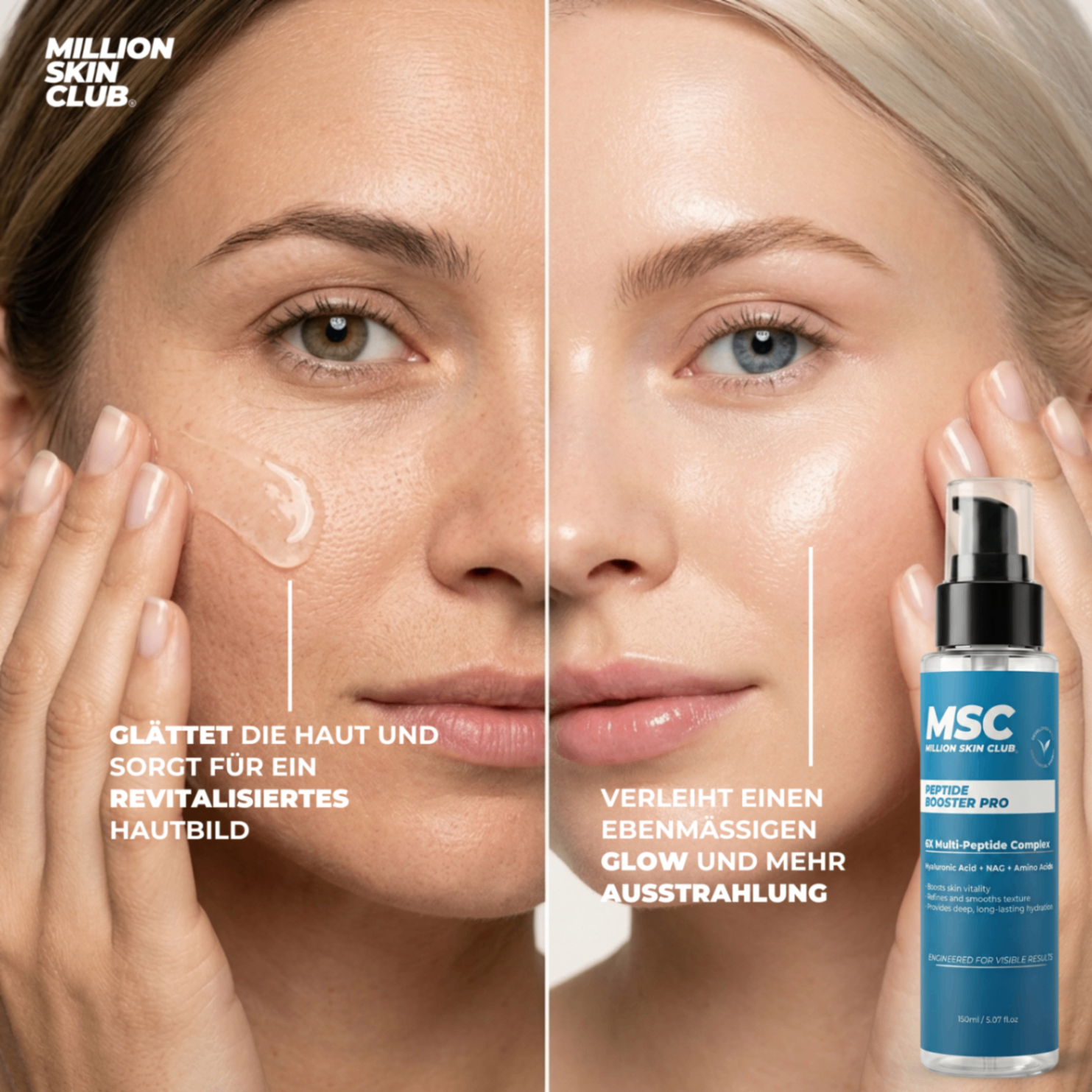 Vorher-Nachher-Vergleich der Hauttextur bei regelmäßiger Anwendung des Peptid Serums